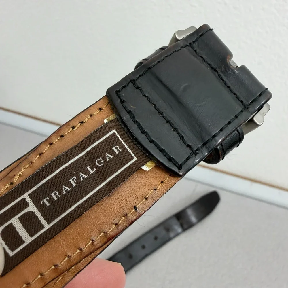 Trafalgar Leather Belt Mens 34 Black Brown Silver Buckle 1.25in Dress Basket *